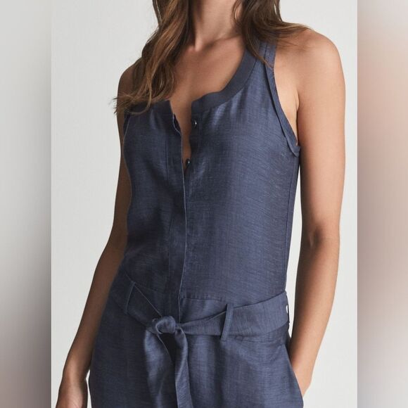 Reiss Hemp Linen Sleeveless Drop WaistShirt Midi Dress Navy Size Small - Picture 10 of 13
